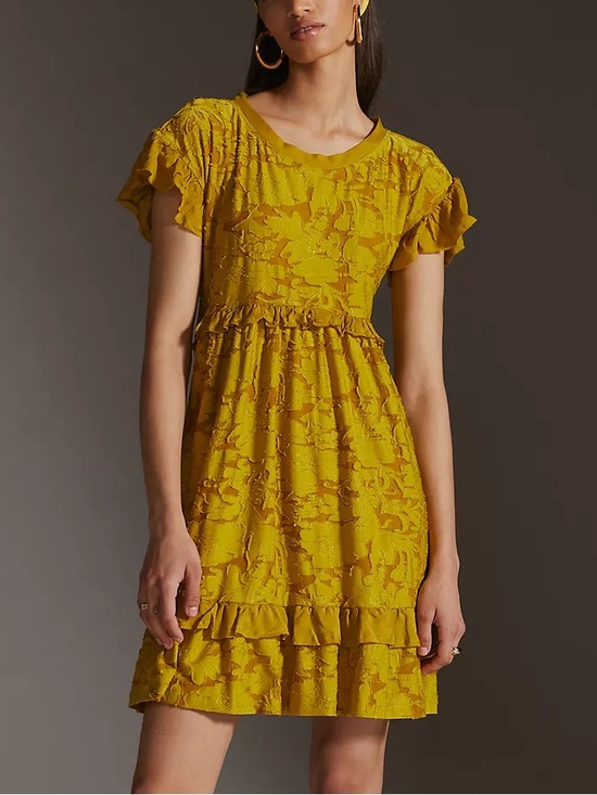 Anthropologie Dresses & Skirts - Anthropologie chartreuse Yellow Ruffle knit mini Dress back cutout burnout small